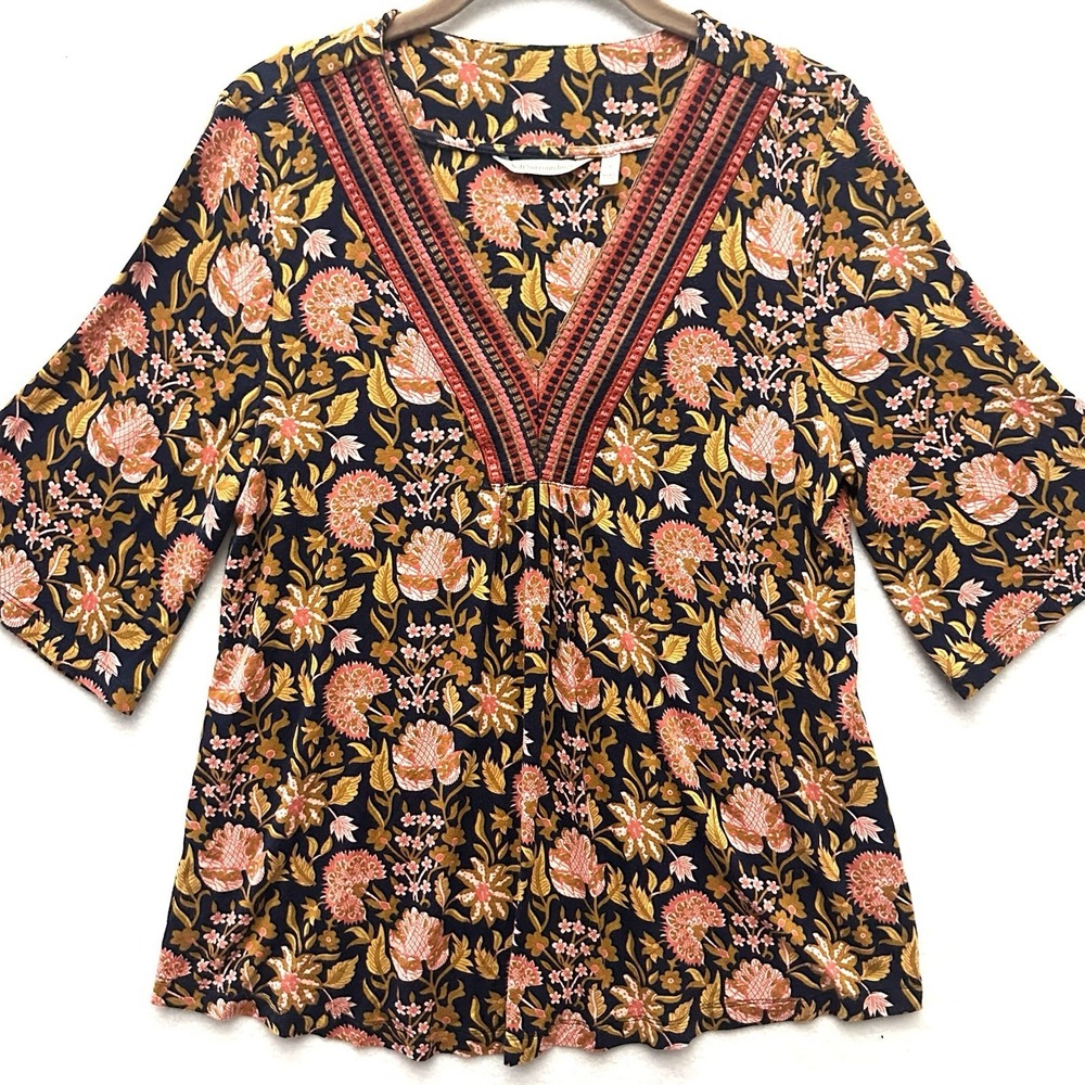 Soft Surroundings XS Dark Floral‎ Embroidered Top Festival Cottage